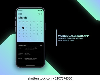 Mobile Calendar App Concept March 2022 Page with To Do List and Tasks UI UX Design Vector on Realistic Phone Screen Mockup Isolated on Background. Smartphone Business Planner Application Template