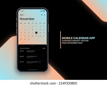 Mobile Calendar App Concept November 2022 Seite mit To Do List und Tasks UI UX Design Vector auf realistischem Telefon Bildschirm Mock up einzeln auf Hintergrund. Vorlage für den Smartphone-Business-Planer