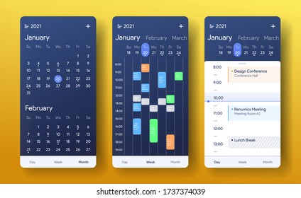 Mobile Calendar App. Month, Week And Day Interface Application. Daily Tasks Screen. Weekly Checklist Application.  Planner For 2021 Template. Ui Vector Illustration Design.