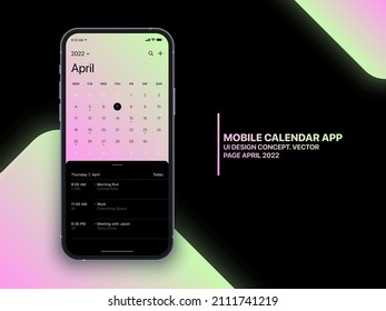 Mobile Calendar App Vector Concept April 2022 Page with To Do List and Tasks UI UX Design on Realistic Phone Screen Mockup Isolated on Background. Smartphone Business Planner Application Template