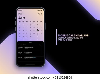 Mobile Calendar App Vector Concept June 2022 Page with To Do List and Tasks UI UX Design on Realistic Phone Screen Mockup Isolated on Background. Smartphone Business Planner Application Template