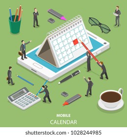Mobile calendar flat isometric vector concept. People are making some marks on the paper calendar that is standing on the mobile phone.