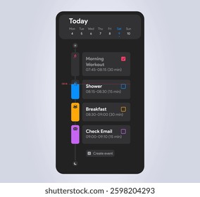 Mobile calendar interface template with scheduled events. Digital planner for task management, productivity, and organization. Dark phone mobile app interface. Editable vector illustration.