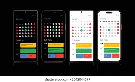 Mobile Calendar Planner App UI – Smartphone Meeting Scheduler and Daily Task Agenda Template | Vector Design