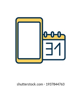 Mobile calendar RGB color icon. Scheduling meetings. Device calendar. Setting reminder for upcoming activities. Monthly internet plan. Tracking event information. Isolated vector illustration