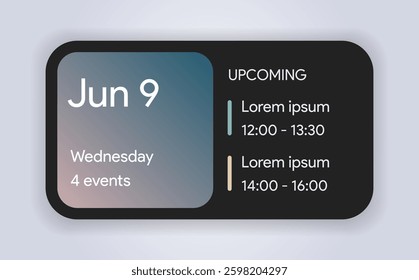 Mobile calendar widget interface template with scheduled events. Digital ios planner for task management, productivity, and organization. Dark iphone mobile app interface. Editable vector illustration