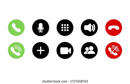 Mobile call buttons icons set flat. Phone, sound, microphone, camera, call symbols on isolated white background for applications, web, app. Set of communication icons. EPS 10 vector