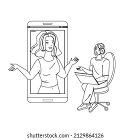 Mobile Call Conversation Man And Woman Black Line Pencil Drawing Vector. Man Sitting On Office Chair With Laptop And Headphones Talking Mobile Call With Young Girl. Characters Operator Support