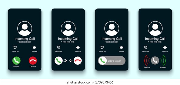 Mobile call screen template. Call screen smartphone interface mockup. Phone mockup contact with handset icon, flat person icon, take a phone, incoming call, answer and decline phone call buttons