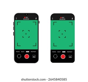 Mobile Camera App UI Elements – Vector Interface with Viewfinder, Focus Grid, Record Buttons for Photography and Video on Smartphone Screen.