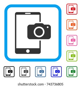 Mobile Camera icon. Flat gray iconic symbol inside a blue rounded rectangular frame. Black, gray, green, blue, red, orange color variants of Mobile Camera vector. Designed for web and software UI.