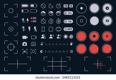 Mobile camera interface. Smartphone screen camera interface with photo and video mode, grid focus and zoom settings, touch focus and flash icons. Vector mobile camera flat illustration