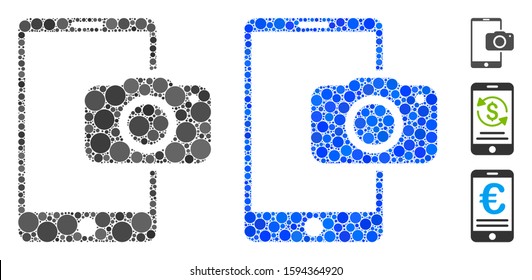 Mobile camera mosaic of filled circles in different sizes and shades, based on mobile camera icon. Vector small circles are grouped into blue mosaic.