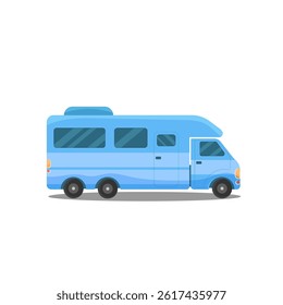 Mobile camper in flat cartoon style with colorful bus and comfort trailer design for family journey and holiday travel using isolated vector art and white background with graphic house element