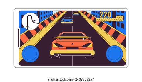 Pantalla de juego de carreras de coches móviles 2D objeto de dibujos animados lineal. Videojuego para pantalla de smartphone. Carrera de velocidad en línea aislada elemento vector de línea de fondo blanco. Ilustración de punto plano de color de diversión virtual