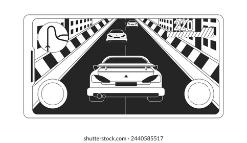 Mobile car racing game screen black and white 2D line cartoon object. Speed race online isolated line vector element white background. Virtual amusement monochromatic flat spot illustration