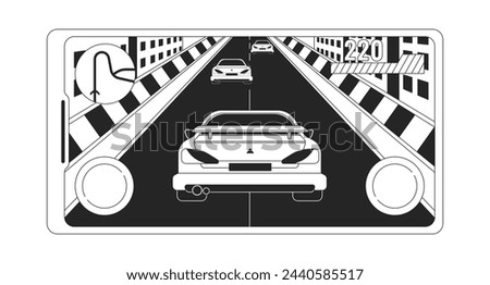 Mobile car racing game screen black and white 2D line cartoon object. Speed race online isolated line vector element white background. Virtual amusement monochromatic flat spot illustration