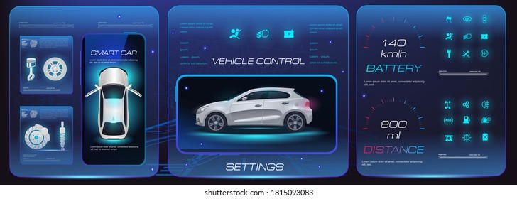 Mobile car service application design. Car settings management via mobile application. Modern smart car control system. Autonomous diagnostics and road scanning. Menu with vehicle data and parameters