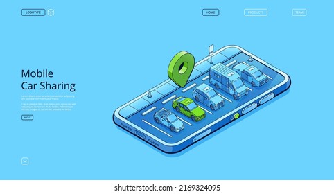 Mobile car sharing banner with isometric illustration of parking with vehicles on smartphone screen. Vector landing page of online service for rent and share automobile