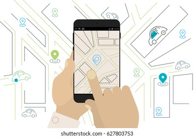 Concepto de aplicación para uso compartido de automóviles móviles, navegación y ubicación