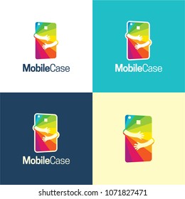 Mobile Case Logo and Icon. Vector Illustration. A vibrant logo featuring a colorful mobile phone and two hands hugging it expressing protection and
repairing.