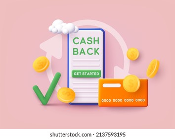 Mobile cash back service, financial payment Smartphone mobile screen, technology mobile display light. 3D Web Vector Illustrations. 