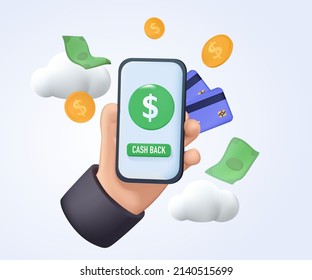 Mobile cash back service, financial payment Smartphone mobile screen, technology mobile display light. 3D Web Vector Illustrations. Cashback, money refund. Dollar bill and coin stack, online payment