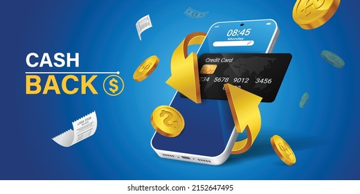 Mobile Cash Back Service, Financial Payment Smartphone Mobile Screen, Technology Mobile Display Light. Vector Illustration.Cash Back, Money Saving Vector Concept With Dollar Coins, Wallet, Arrows.