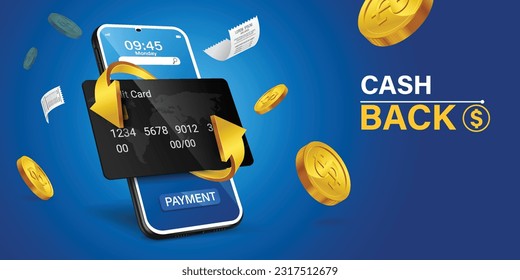 Mobile cash back service, financial payment Smartphone mobile screen, technology mobile display light. Vector illustration.Cash back, money saving vector concept with dollar coins, wallet, arrows.