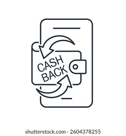 Mobile cash back service, financial payment. Smartphone mobile screen.  Money saving wallet, arrows.Vector linear icon isolated on white background.