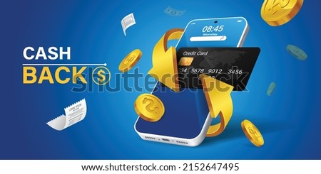 Mobile cash back service, financial payment Smartphone mobile screen, technology mobile display light. Vector illustration.Cash back, money saving vector concept with dollar coins, wallet, arrows.