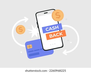 Mobile cash back service. Internet payment transaction, money saving. Smartphone screen with dollar coins, arrows and credit card. Vector illustration isolated on background, flat cartoon style.