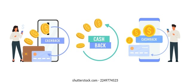 Mobile Cash-Back-Service. Set von Vektorgrafik der Geldrückerstattung, Kapitalrendite. Menschen Charaktere und riesige Smartphones mit Rückkopplungssymbolen.