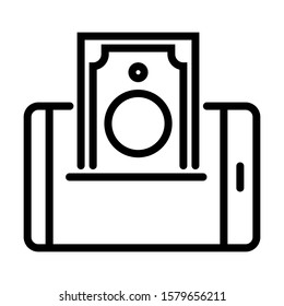 Mobile cash icon. Banknotes inserted from the middle of mobile screen. Simple design. Line vector. Isolate on white background.