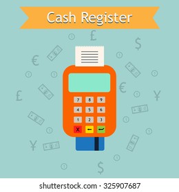 Mobile cash register machine illustration. Retail services e-commerce business, point of sale. Payment and shop pos equipment.