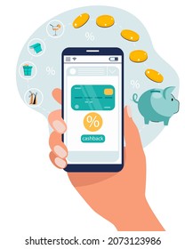 Mobile cashback service, financial payment. Hand with Smartphone. Mobile screen with credit card, mobile light display technology. Vector illustration.