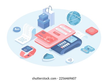 Mobile cashless payment system or scan qr code. Digital banking service application. Contactless payment, EMV. Vector illustration in 3d design. Isometric web banner.	
