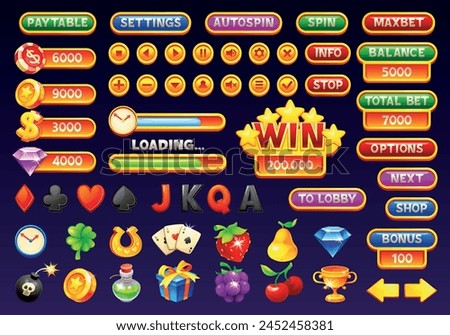 Mobile casino interface. Game slot interface, gambling progressive application digital menu ui icons button header window panel, poker jackpot vector illustration of game casino interface mobile