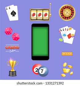 Mobile casino kit, vector isolated illustration. Smartphone, roulette wheel, playing cards, slot game, poker chips, dices, dollar coins and trophy cup. Online gambling icon set for web, poster, banner