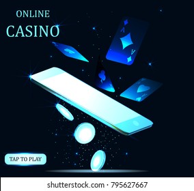 Mobile casino slot game. Flying phone marketing background for casino jackpot slots machine.