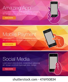 Mobile cell phone for banner, presentation, website. Minimal banner of mobile screen app. Vector background of banner for mobile phone cell. Vector background banner of mobile phone. Minimal banner