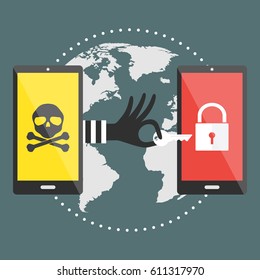 Mobile cell phone with hacker hand with a key for unlock victim Mobile cell phone. Vector illustration cybercrime concept.