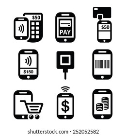 Mobile or cell phone payments, paying online with smartphone icons   