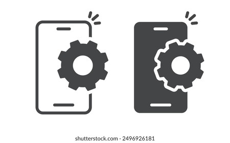 Mobile cell phone set up gear cog wheel icon simple vector pictogram graphic illustration, cellphone smartphone settings preferences update, customize upgrade telephone image clip art line stroke 