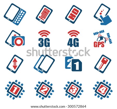 Mobile or cell phone, smartphone,  specifications and functions icons set