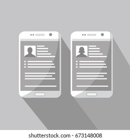mobile & cell phone vector with resume, cv & silhouette photo isolated of man & woman cartoon. people looking for a job. hiring on flat design on grey background for web & app