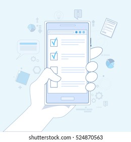 Mobile Cell Smart Phone Call Hand Hold Check List Thin Line Vector Illustration