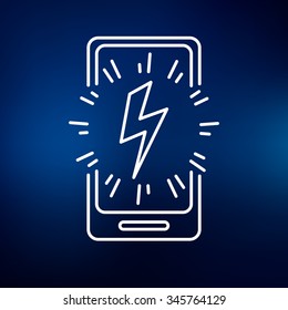 Mobile cellphone charge icon. Smartphone power sign. Mobile device energy symbol. Thin line icon on blue background. Vector illustration.