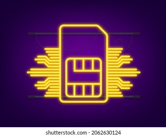 Mobile Cellular Phone Sim Card Chip. Neon icon. Vector stock illustration