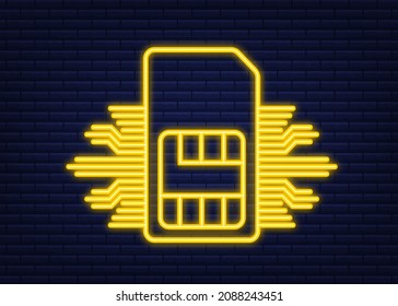 Mobile Cellular Phone Sim Card Chip. Neon icon. Vector stock illustration.
